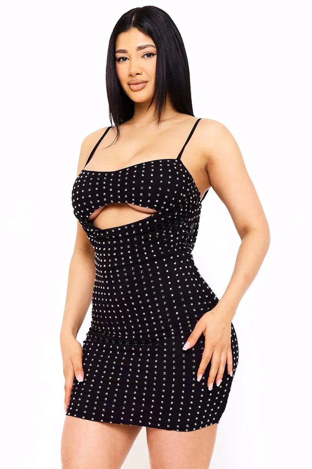Rhinestone Mini Dress - Power Mesh Draped Front With Adjustable Strap BOUTINIE