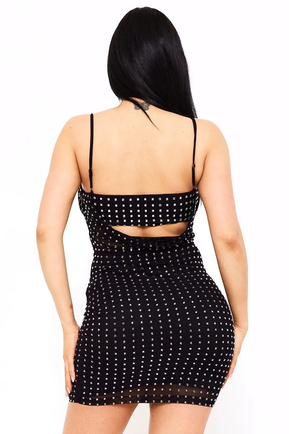 Rhinestone Mini Dress - Power Mesh Draped Front With Adjustable Strap BOUTINIE