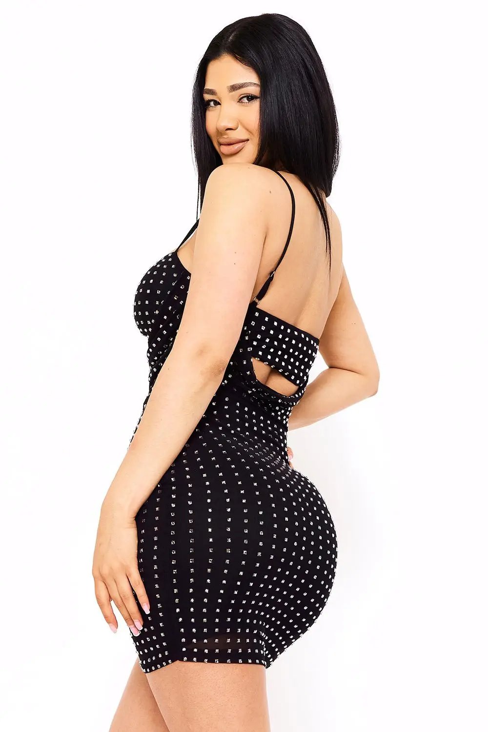 Rhinestone Mini Dress - Power Mesh Draped Front With Adjustable Strap BOUTINIE