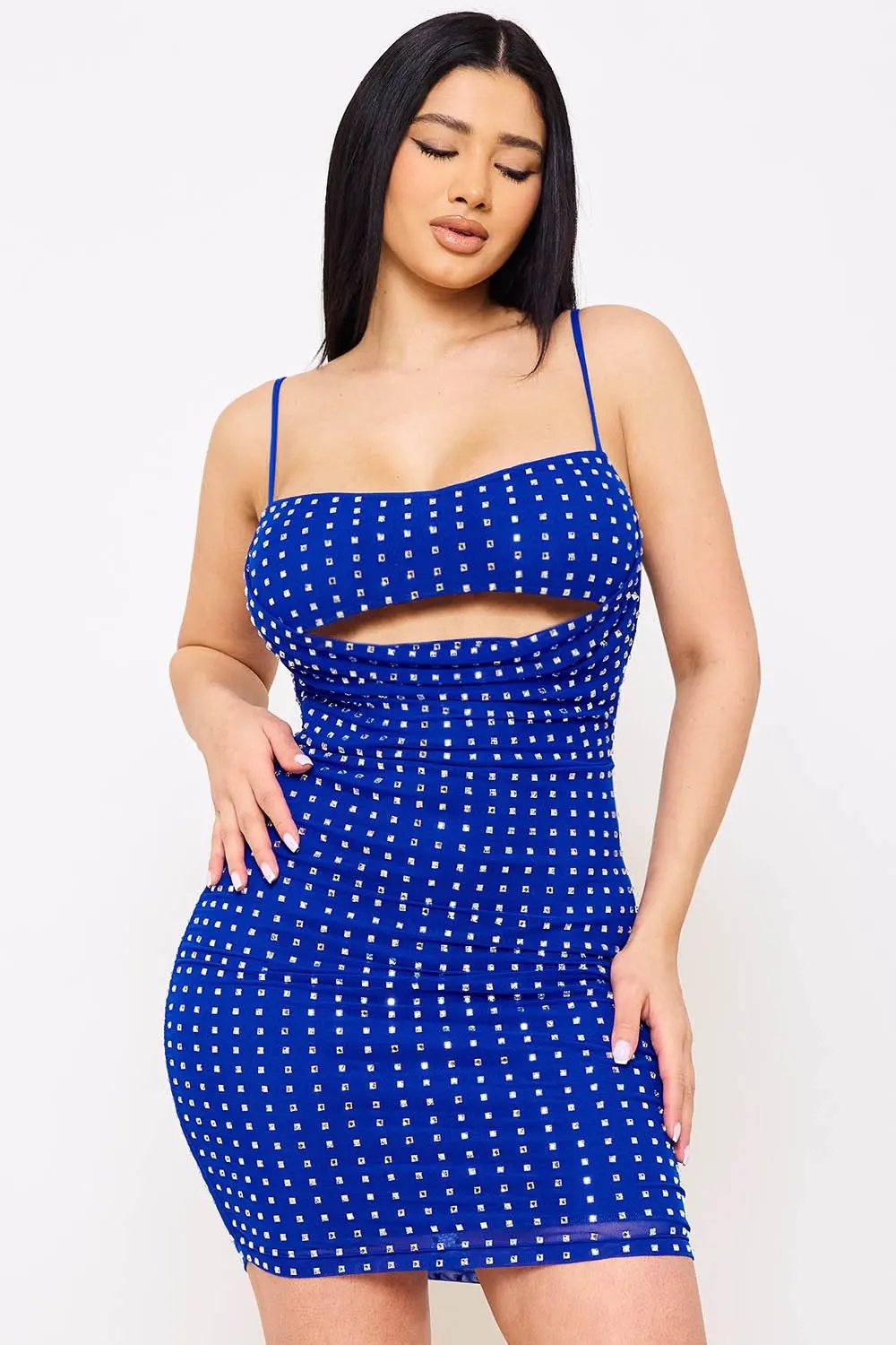 Rhinestone Mini Dress - Power Mesh Draped Front With Adjustable Strap BOUTINIE