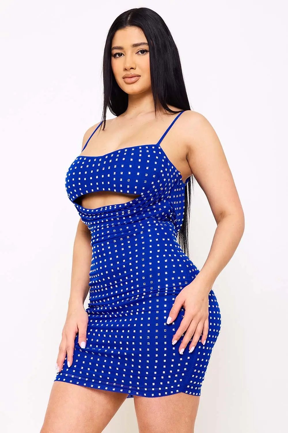 Rhinestone Mini Dress - Power Mesh Draped Front With Adjustable Strap BOUTINIE