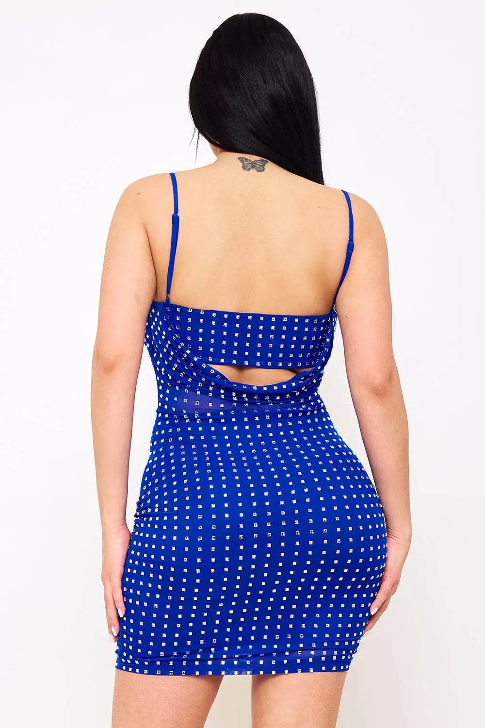 Rhinestone Mini Dress - Power Mesh Draped Front With Adjustable Strap BOUTINIE