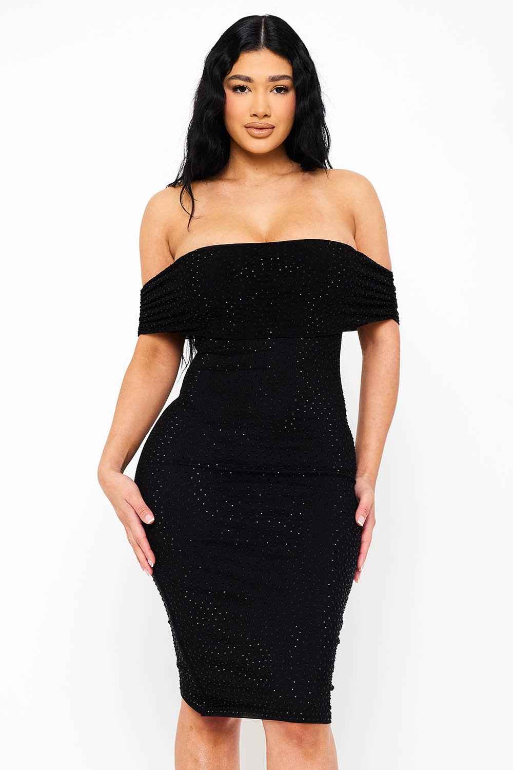 Rhinestone On Power Mesh Off The Shoudler Midi Dress