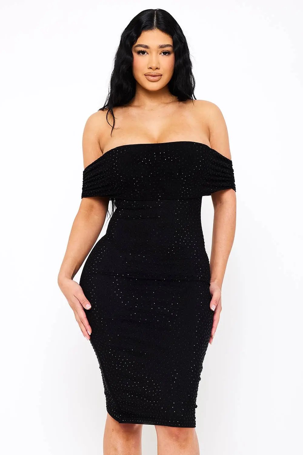 Off Shoulder Midi Dress | Elegant Rhinestone Mesh Design BOUTINIE