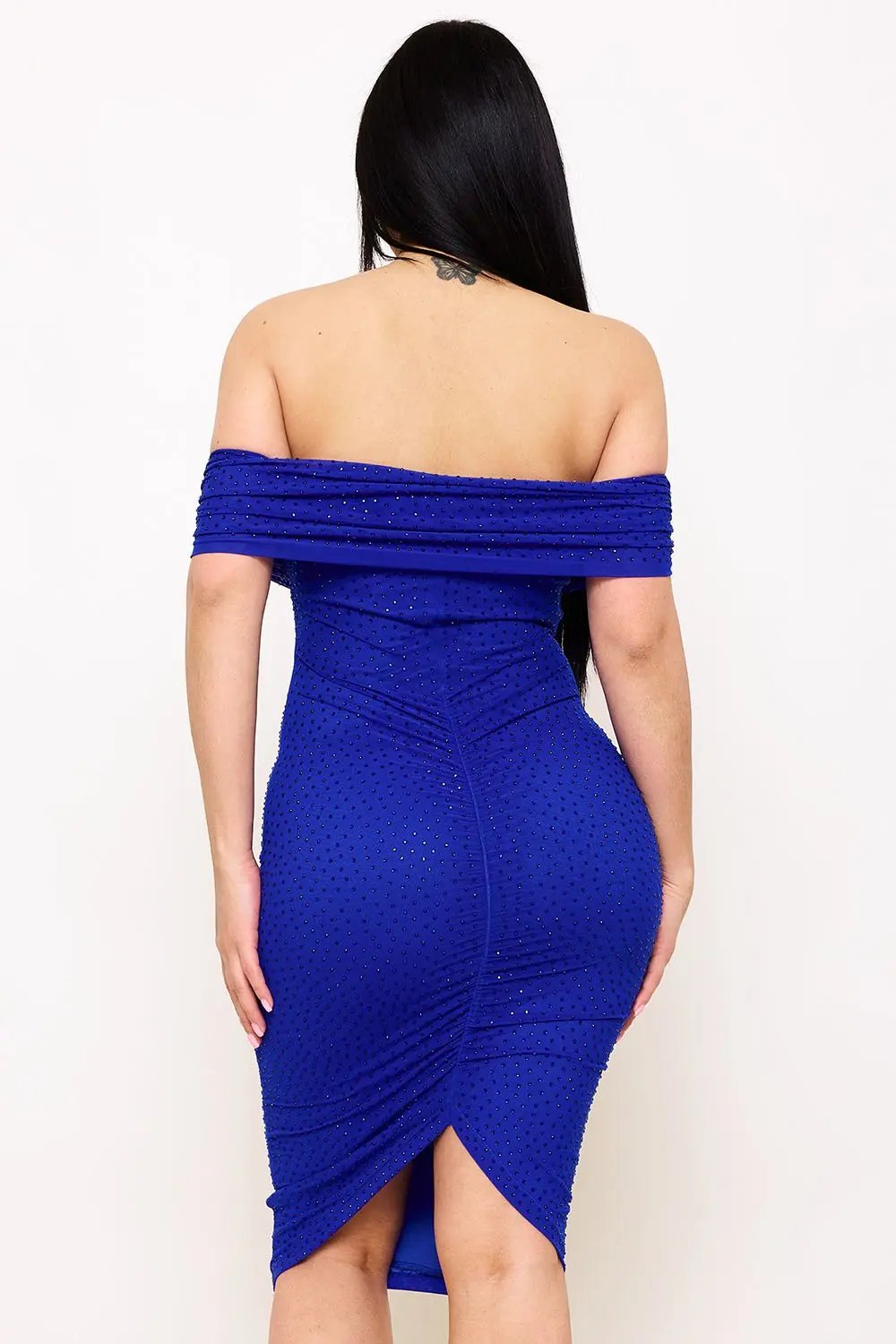 Off Shoulder Midi Dress | Elegant Rhinestone Mesh Design BOUTINIE