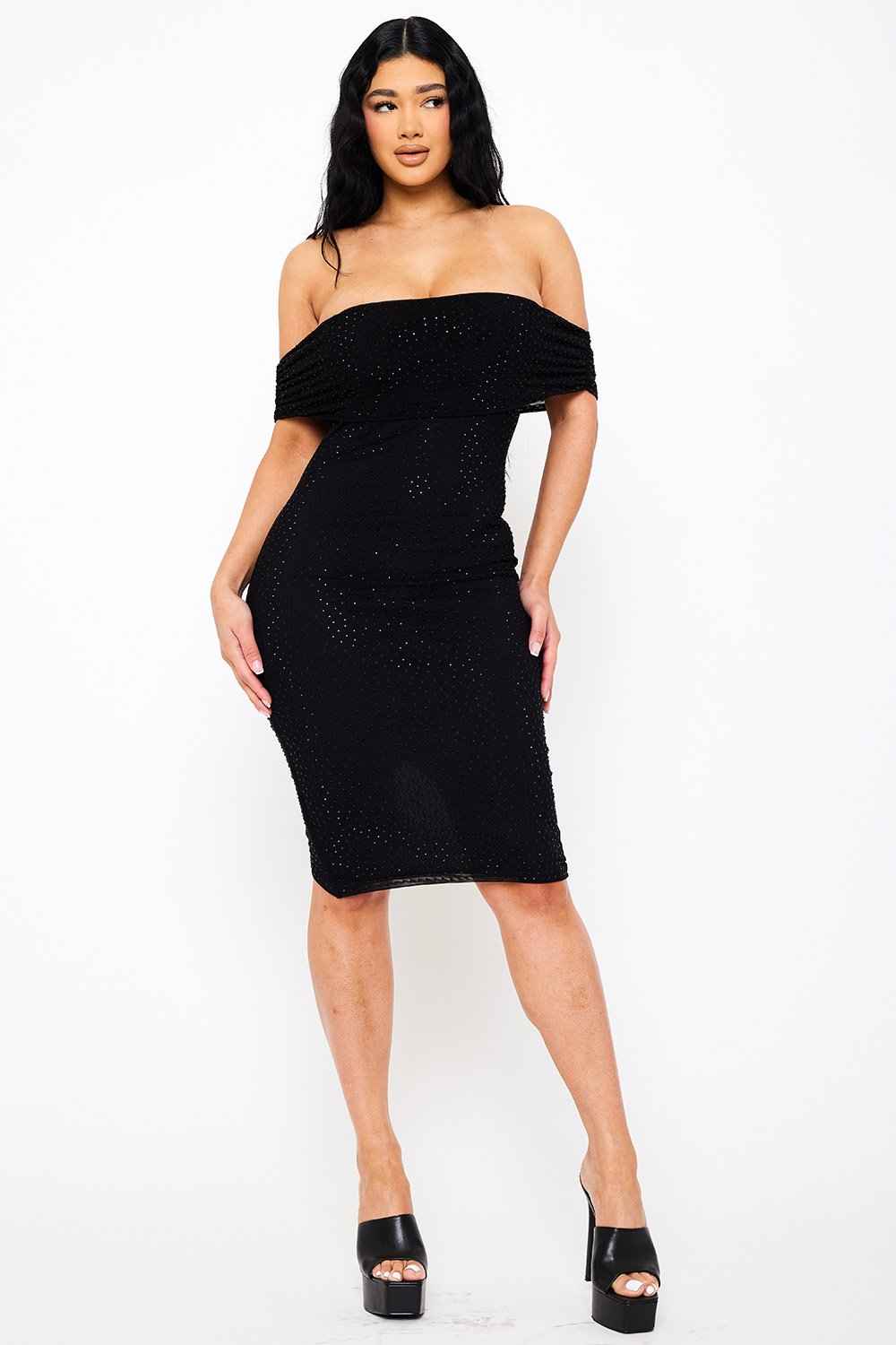 Rhinestone Mesh Off Shoulder Midi Dress – Cream | Boutinie