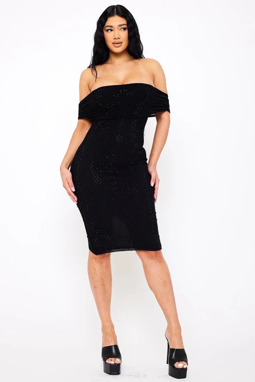 Off Shoulder Midi Dress | Elegant Rhinestone Mesh Design BOUTINIE