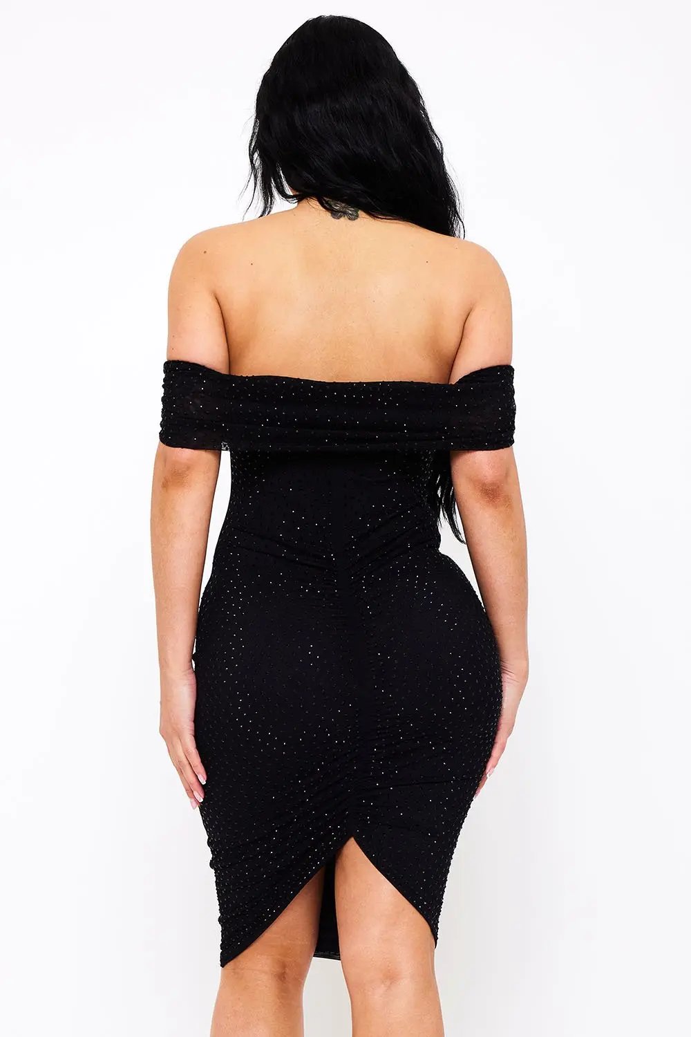 Off Shoulder Midi Dress | Elegant Rhinestone Mesh Design BOUTINIE