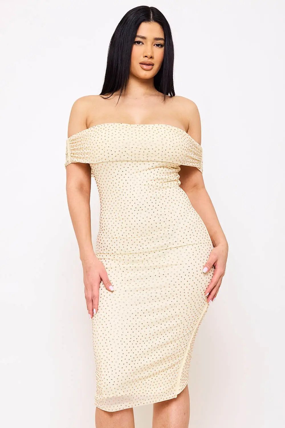 Off Shoulder Midi Dress | Elegant Rhinestone Mesh Design BOUTINIE