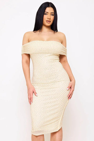 Off Shoulder Midi Dress | Elegant Rhinestone Mesh Design BOUTINIE