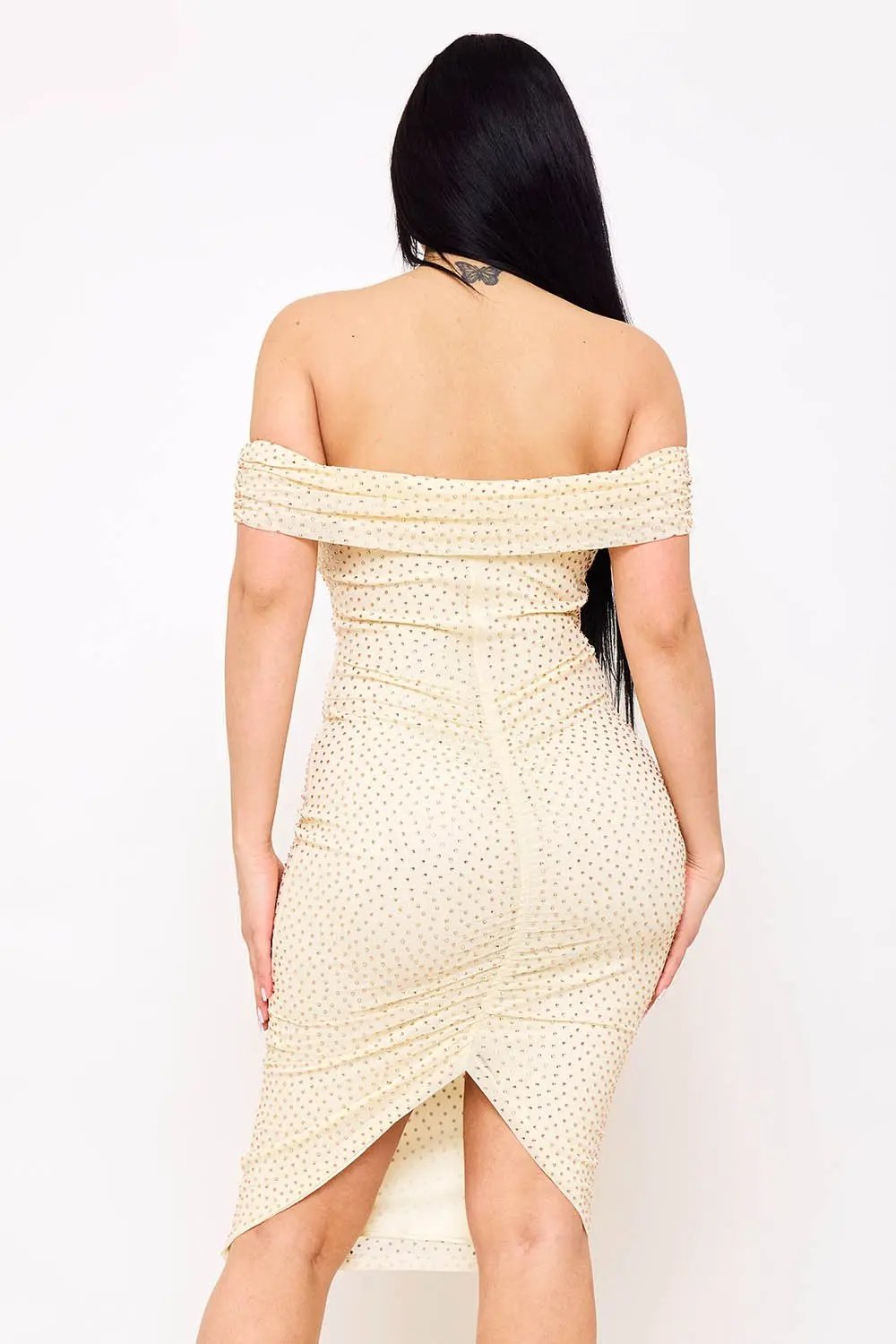 Off Shoulder Midi Dress | Elegant Rhinestone Mesh Design BOUTINIE