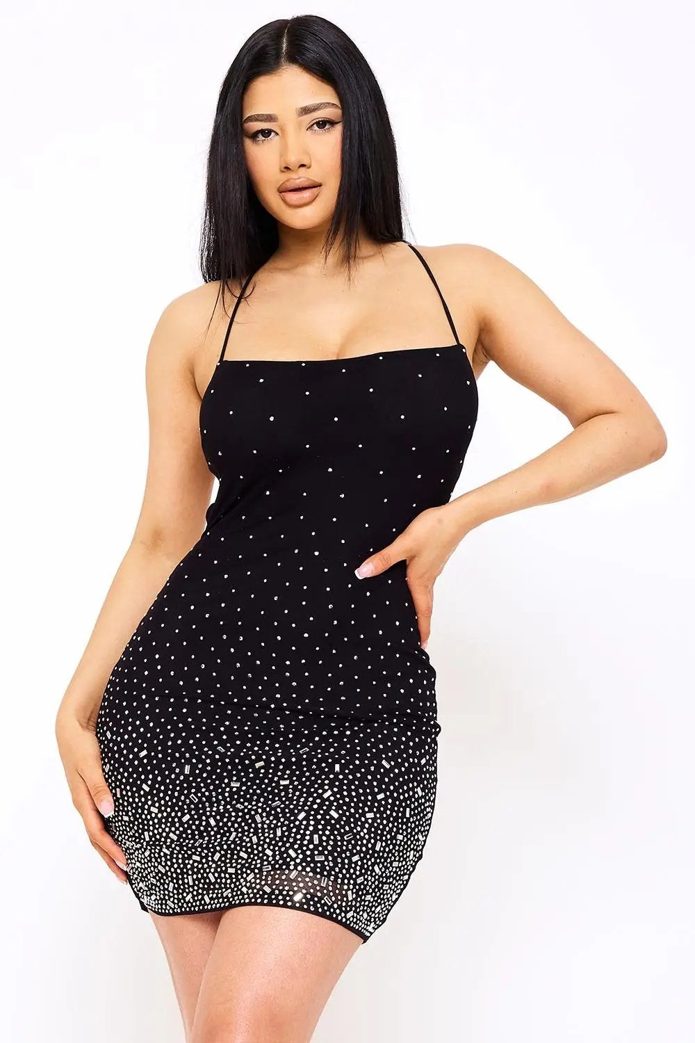 Rhinestone Mini Dress | Form Hugging Open Back Mesh Dress BOUTINIE