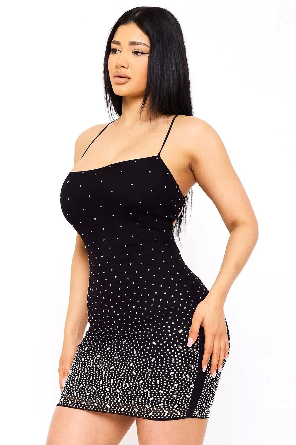 Rhinestone Mini Dress | Form Hugging Open Back Mesh Dress BOUTINIE
