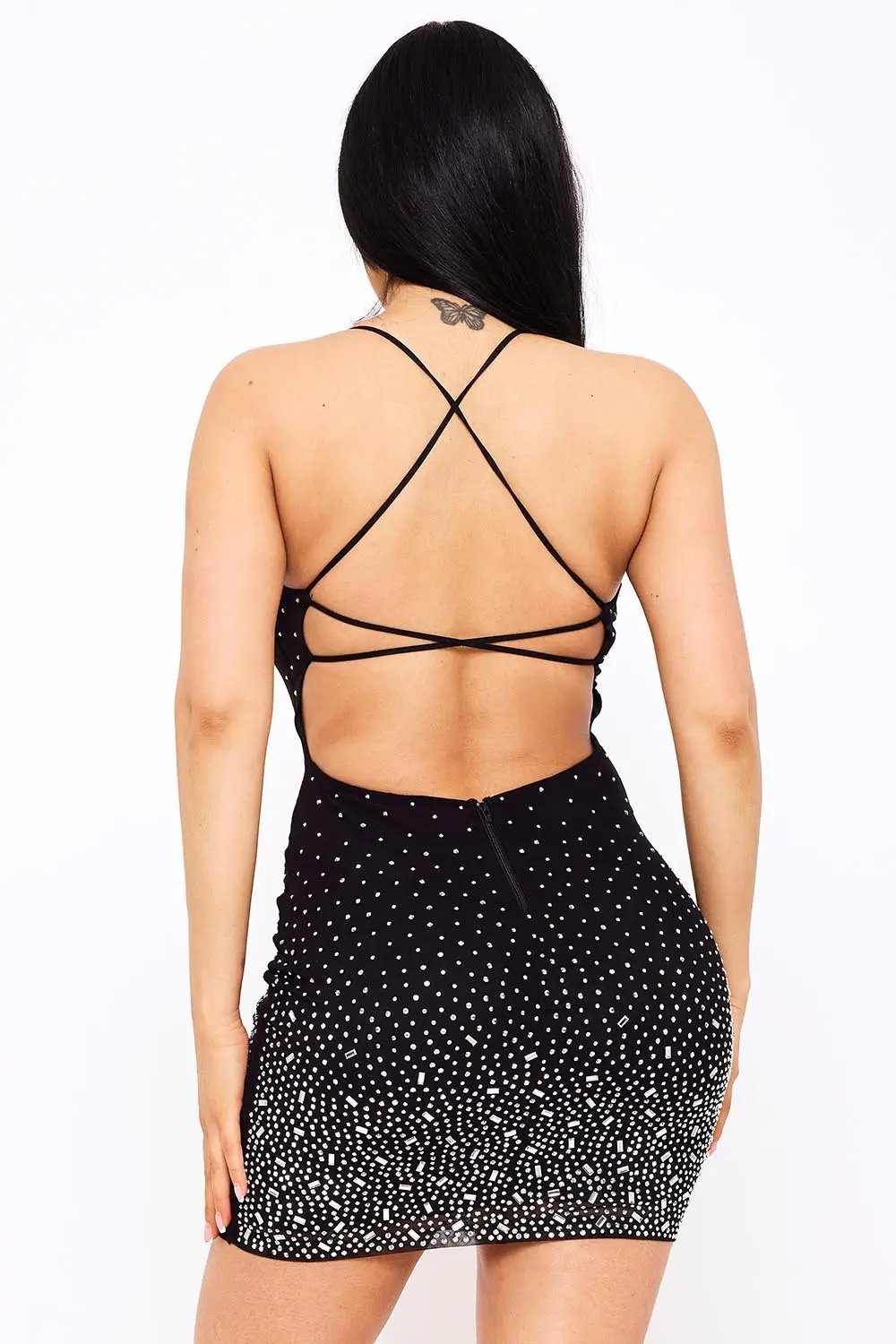 Rhinestone Mini Dress | Form Hugging Open Back Mesh Dress BOUTINIE