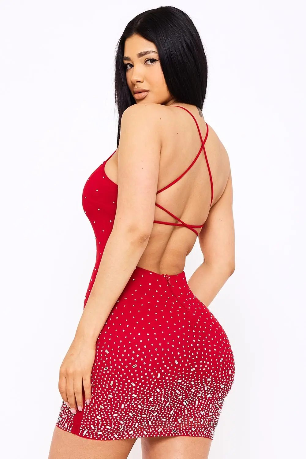 Rhinestone Mini Dress | Form Hugging Open Back Mesh Dress BOUTINIE