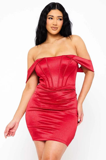 Off Shoulder Mini Dress – Glitter Knit Satin Corset Bodice BOUTINIE