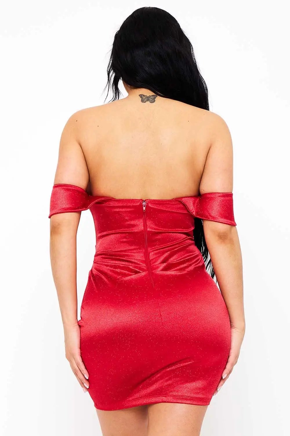 Off Shoulder Mini Dress – Glitter Knit Satin Corset Bodice BOUTINIE