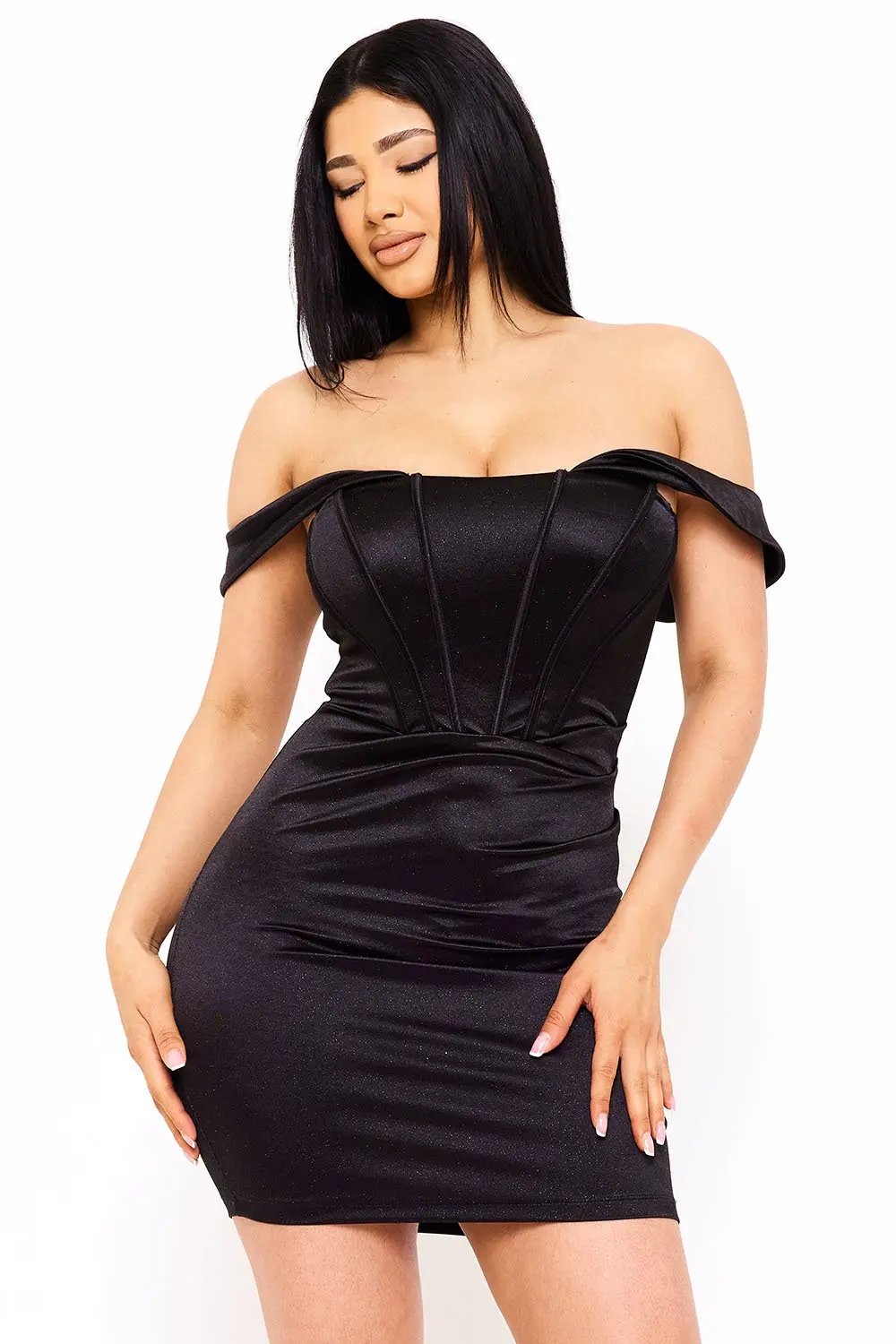 Off Shoulder Mini Dress – Glitter Knit Satin Corset Bodice BOUTINIE