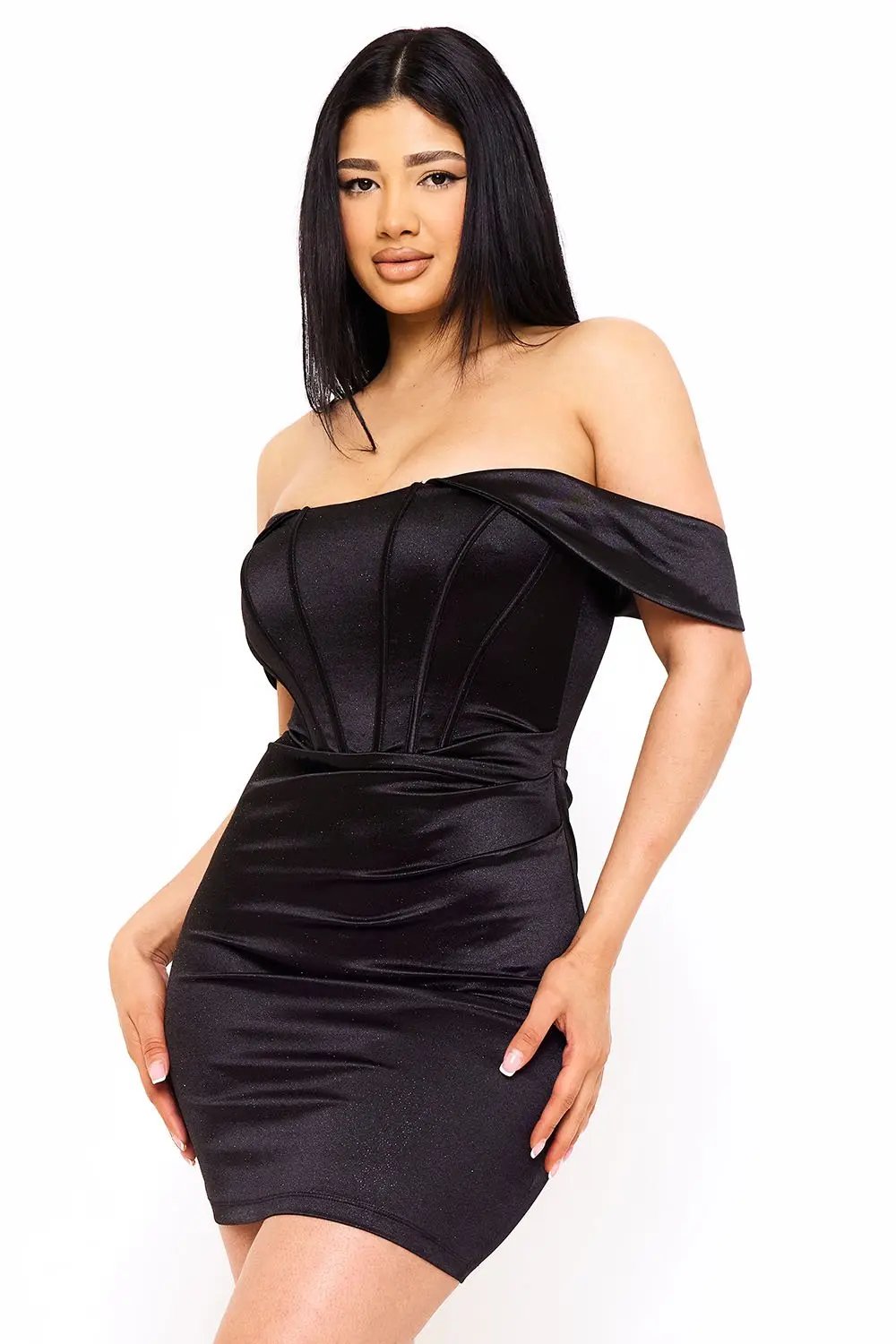 Off Shoulder Mini Dress – Glitter Knit Satin Corset Bodice BOUTINIE