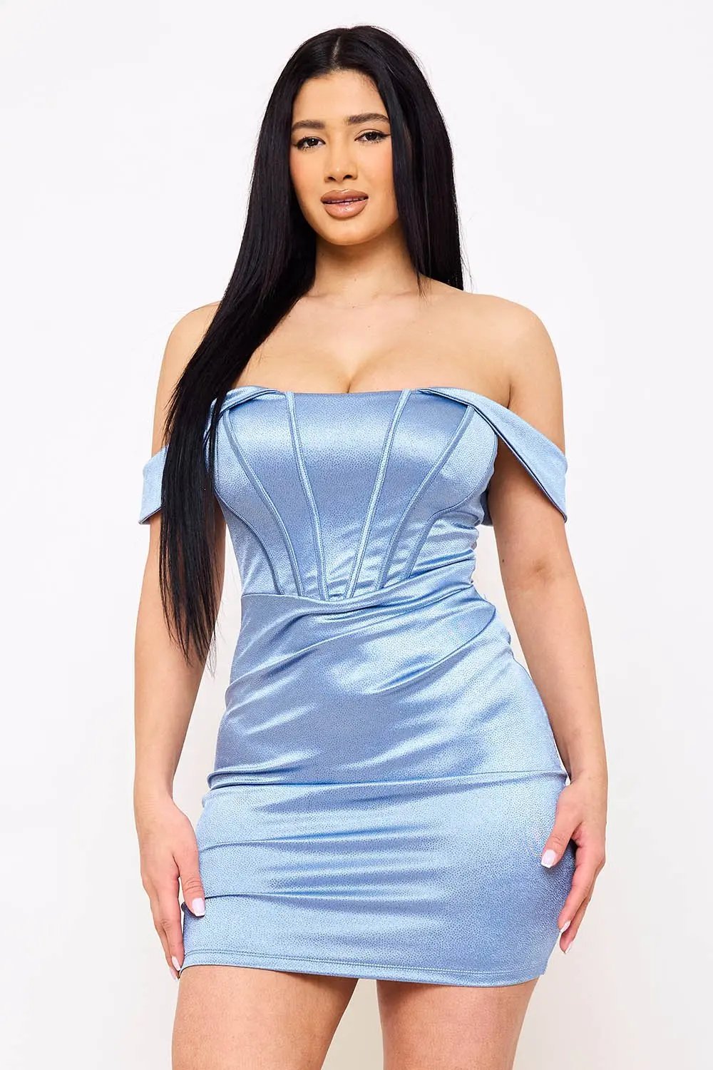 Off Shoulder Mini Dress – Glitter Knit Satin Corset Bodice BOUTINIE