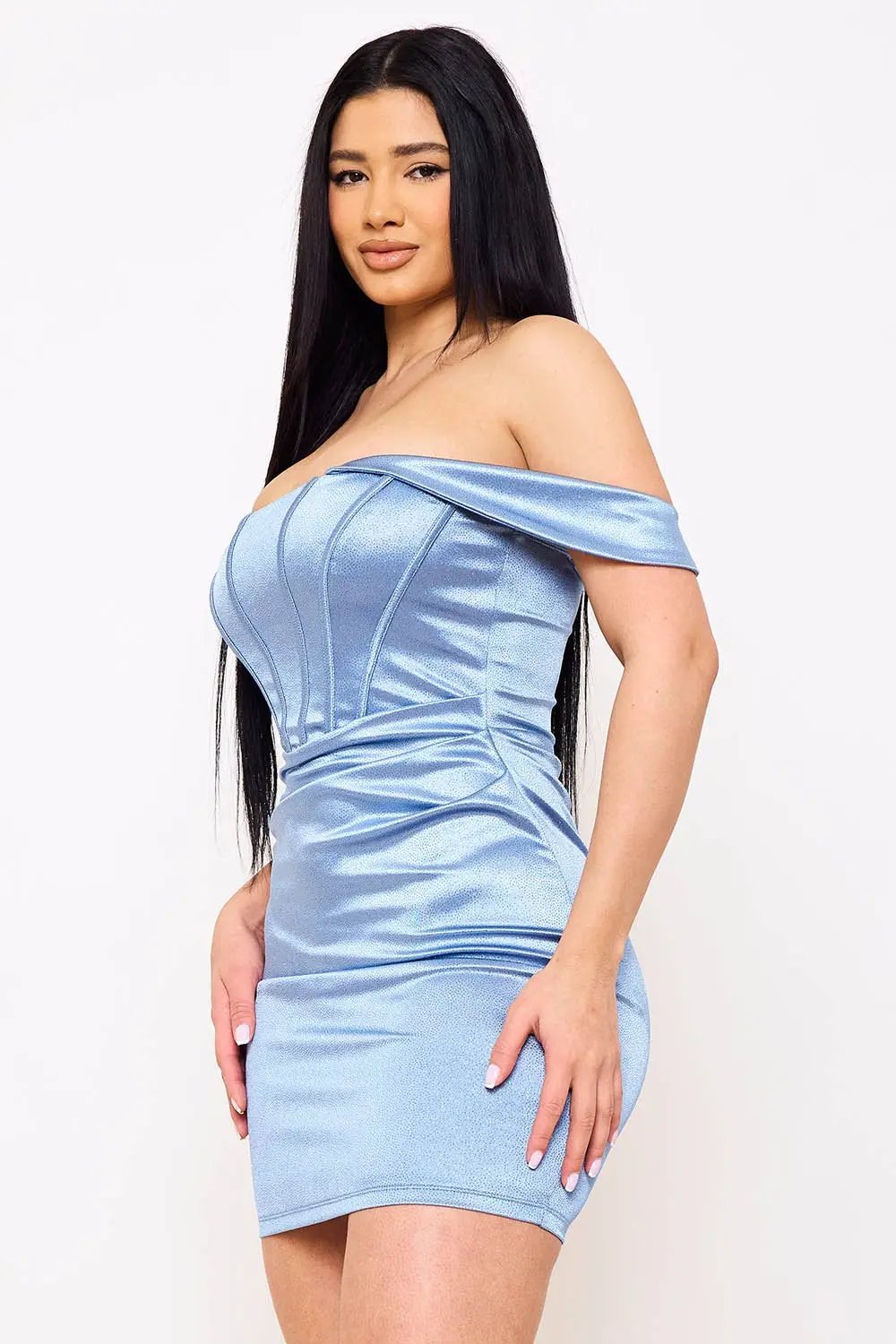 Off Shoulder Mini Dress – Glitter Knit Satin Corset Bodice BOUTINIE