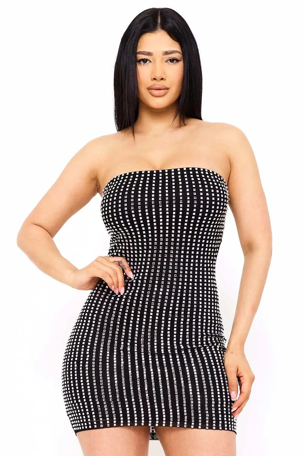 Rhinestone Mesh Mini Dress – Power Mesh Tube Top Bodycon Party BOUTINIE