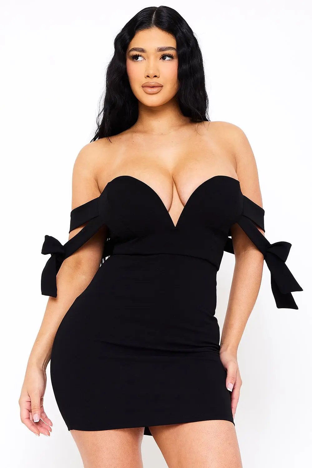 Off Shoulder Mini Dress - Bow Shoulder Zipper Back Formal Dress BOUTINIE