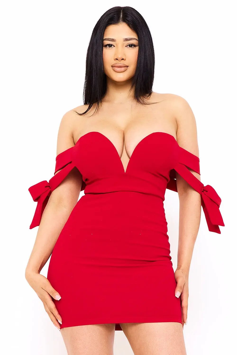 Off Shoulder Mini Dress - Bow Shoulder Zipper Back Formal Dress BOUTINIE