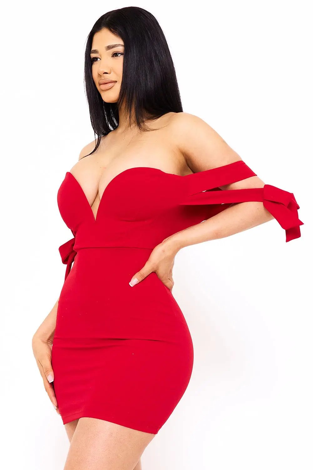 Off Shoulder Mini Dress - Bow Shoulder Zipper Back Formal Dress BOUTINIE