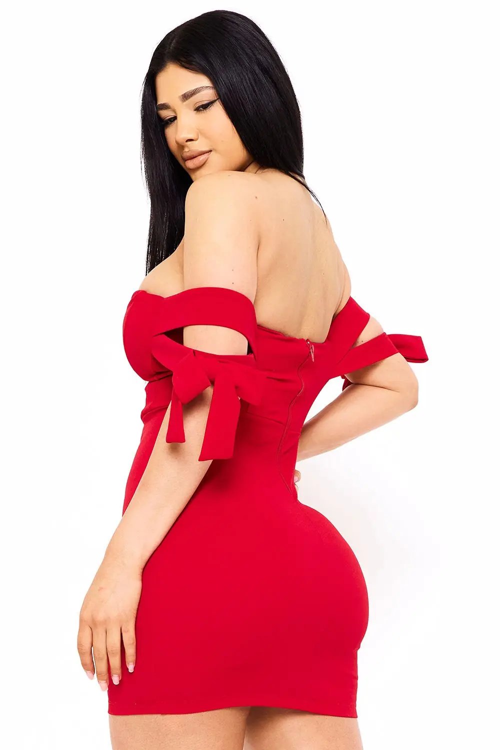Off Shoulder Mini Dress - Bow Shoulder Zipper Back Formal Dress BOUTINIE