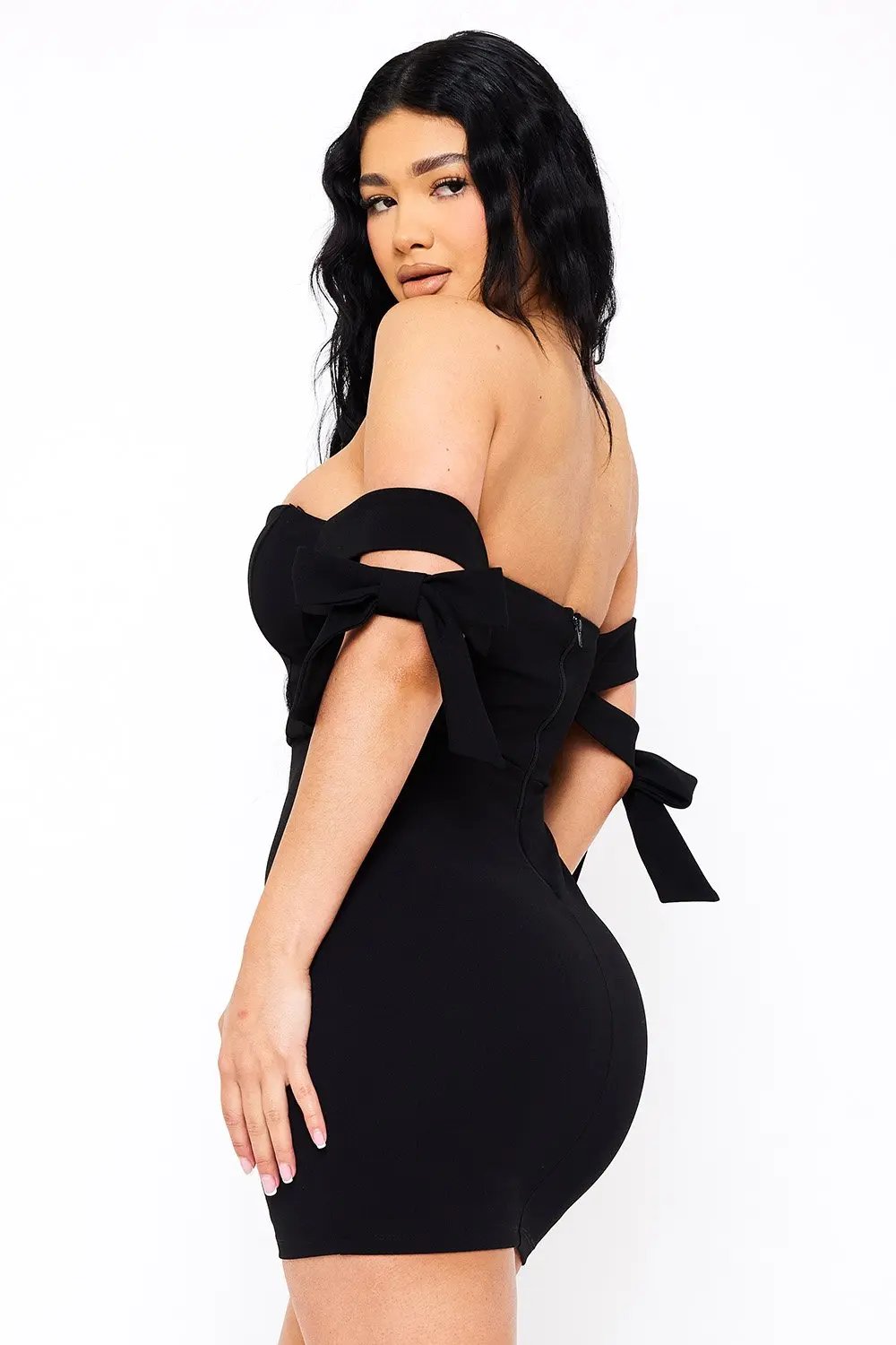 Off Shoulder Mini Dress - Bow Shoulder Zipper Back Formal Dress BOUTINIE