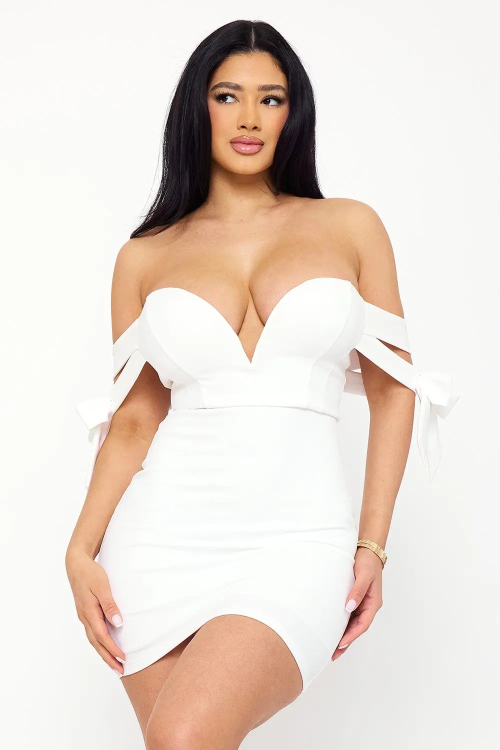 Off Shoulder Mini Dress - Bow Shoulder Zipper Back Formal Dress BOUTINIE