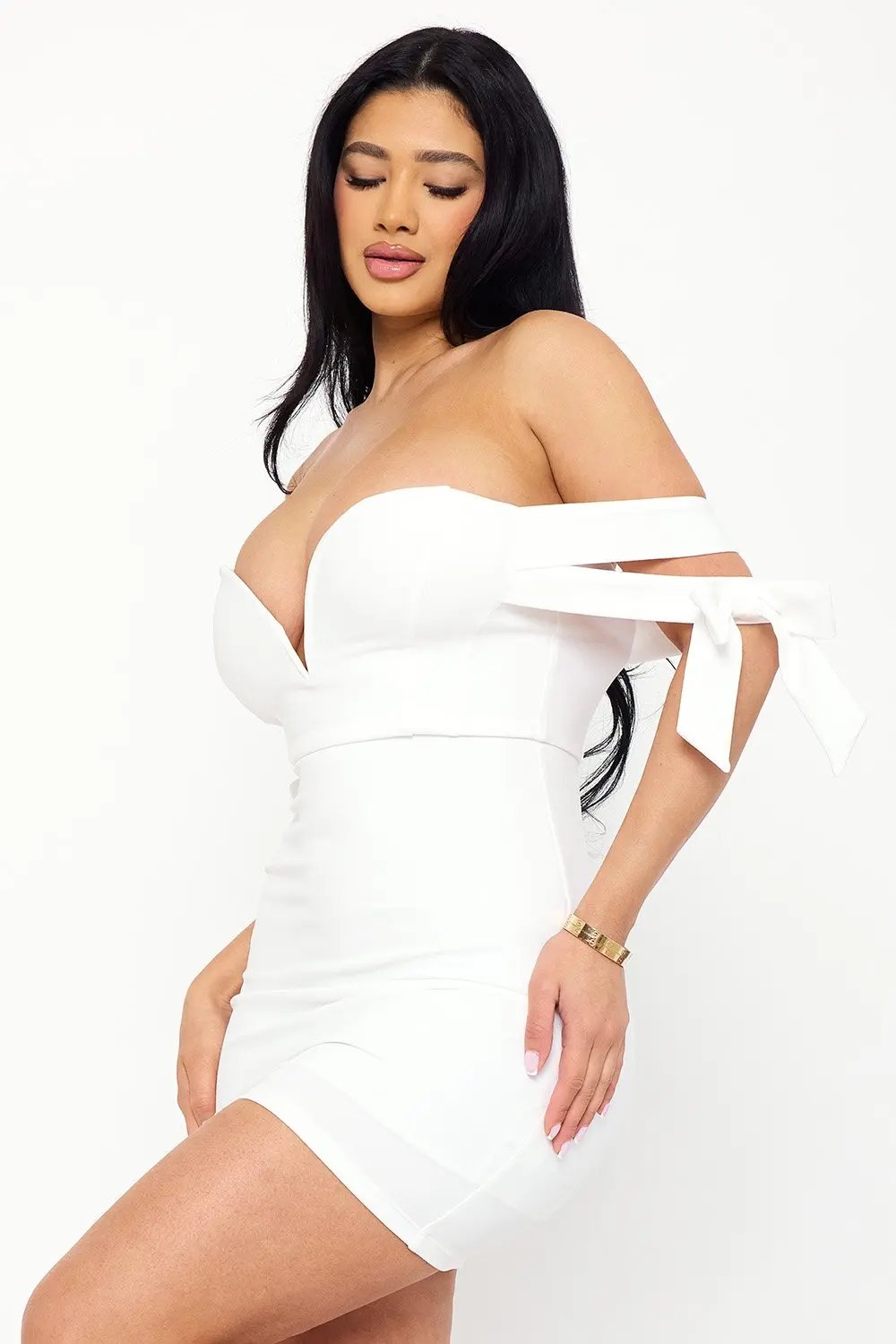 Off Shoulder Mini Dress - Bow Shoulder Zipper Back Formal Dress BOUTINIE