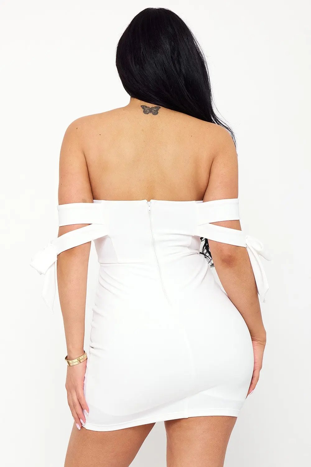 Off Shoulder Mini Dress - Bow Shoulder Zipper Back Formal Dress BOUTINIE