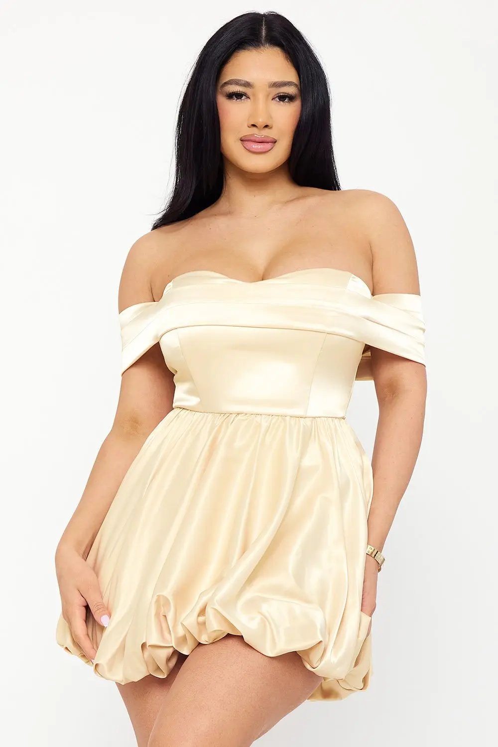 Satin Mini Dress - Off Shoulder A-Line Pleated Bubble Hem BOUTINIE