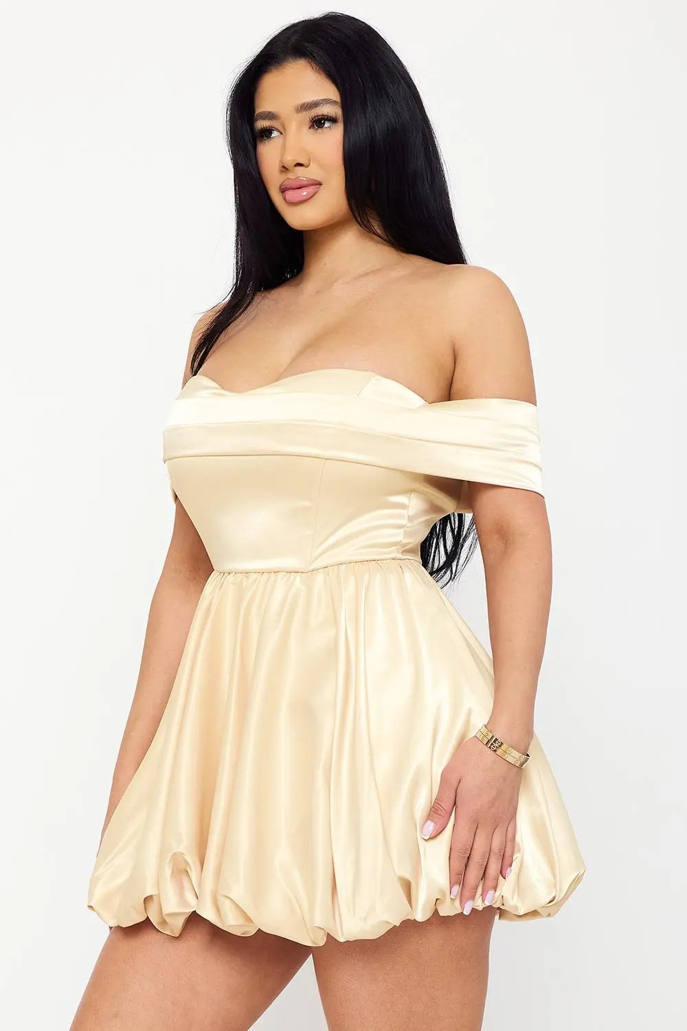 Satin Mini Dress - Off Shoulder A-Line Pleated Bubble Hem BOUTINIE