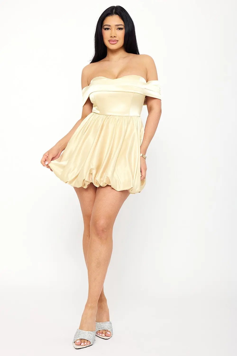 Satin Mini Dress - Off Shoulder A-Line Pleated Bubble Hem BOUTINIE