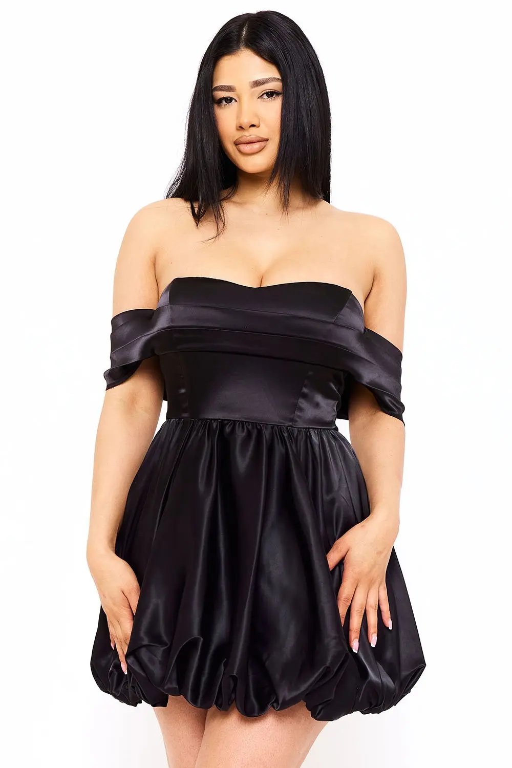 Satin Mini Dress - Off Shoulder A-Line Pleated Bubble Hem BOUTINIE
