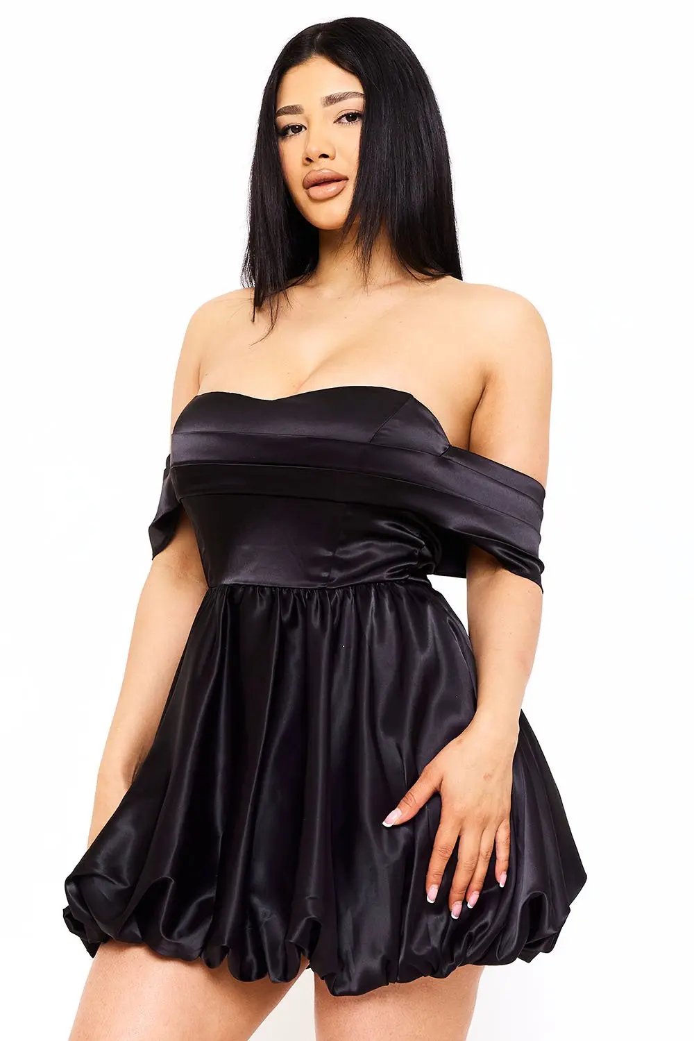 Satin Mini Dress - Off Shoulder A-Line Pleated Bubble Hem BOUTINIE