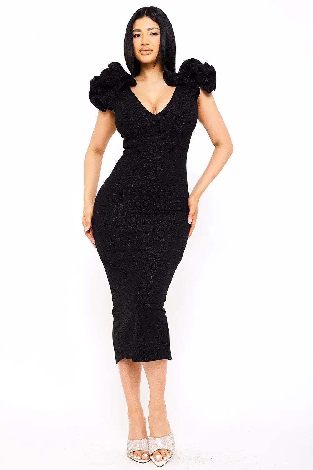 Glitter Ruffle Midi Dress - Polyester Blend, Back Zipper BOUTINIE