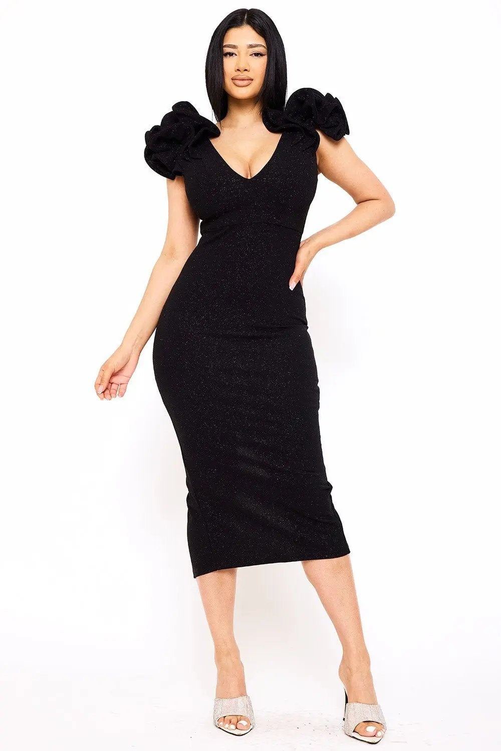 Glitter Ruffle Midi Dress - Polyester Blend, Back Zipper BOUTINIE