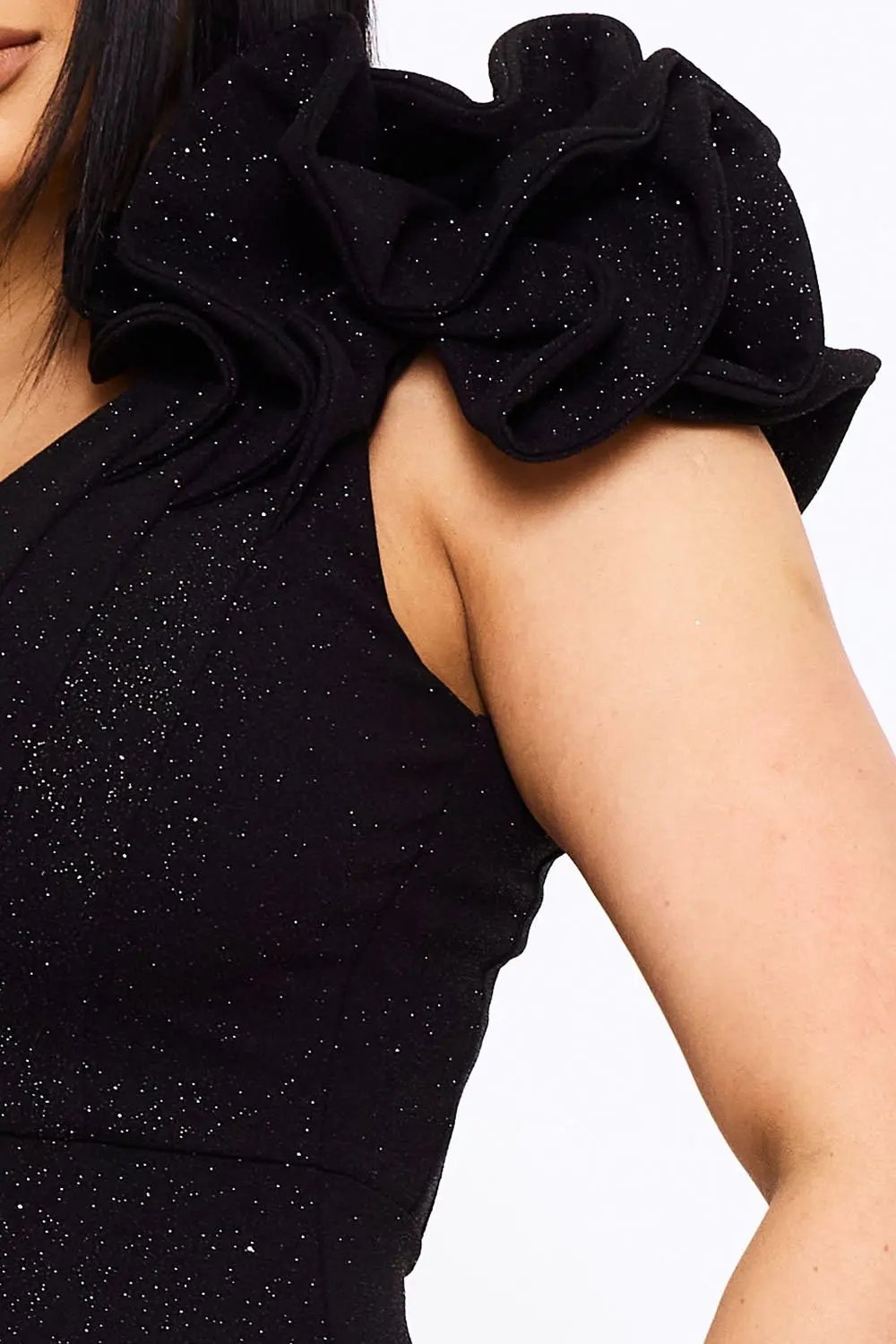 Glitter Ruffle Midi Dress - Polyester Blend, Back Zipper BOUTINIE