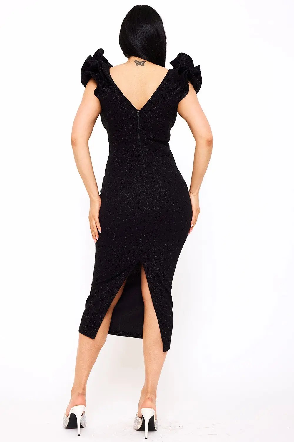 Glitter Ruffle Midi Dress - Polyester Blend, Back Zipper BOUTINIE