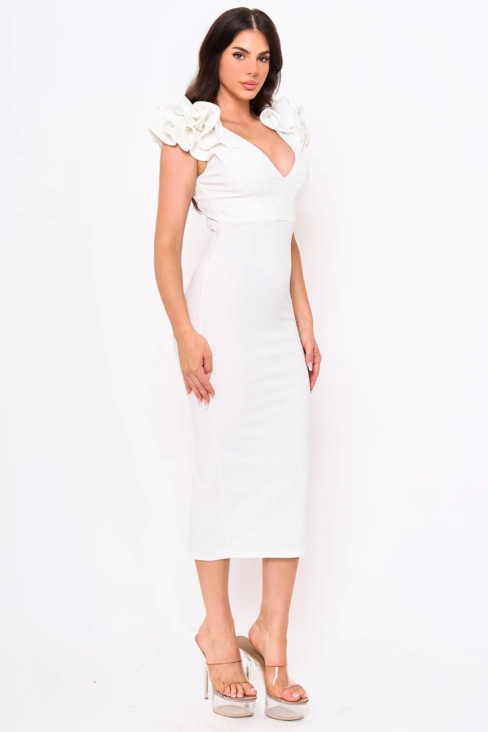 Glitter Ruffle Midi Dress - Polyester Blend, Back Zipper BOUTINIE