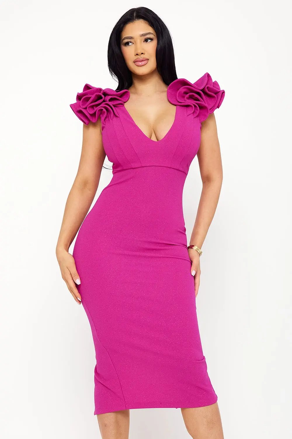 Glitter Ruffle Midi Dress - Polyester Blend, Back Zipper BOUTINIE
