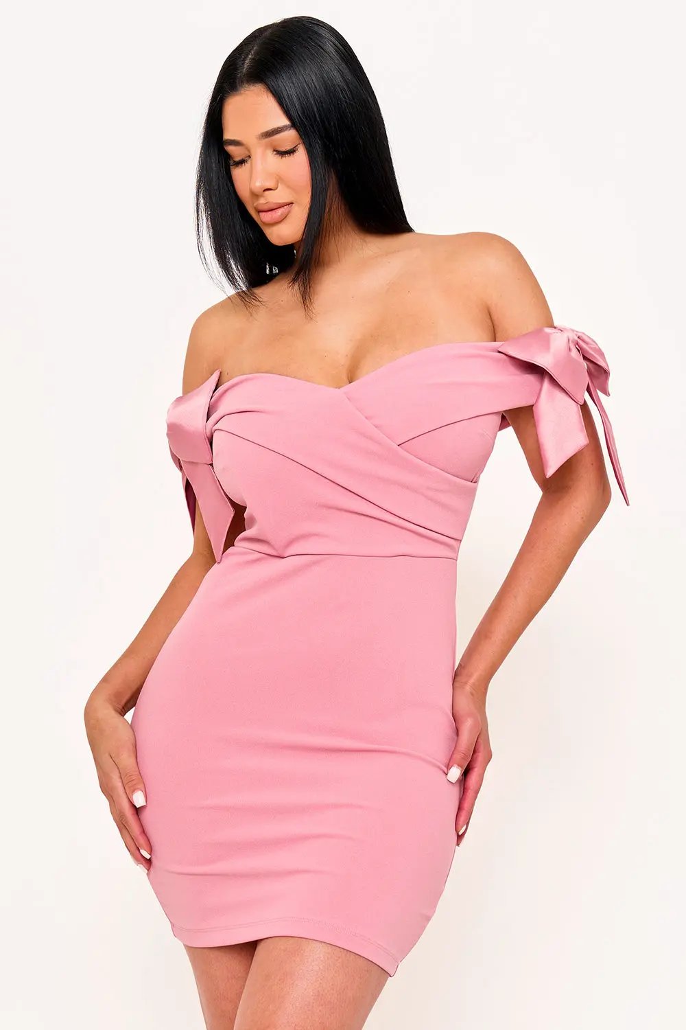 Off Shoulder Mini Dress With Satin Bow Sleeve Detail - Pleated Formal Occasion Wear BOUTINIE
