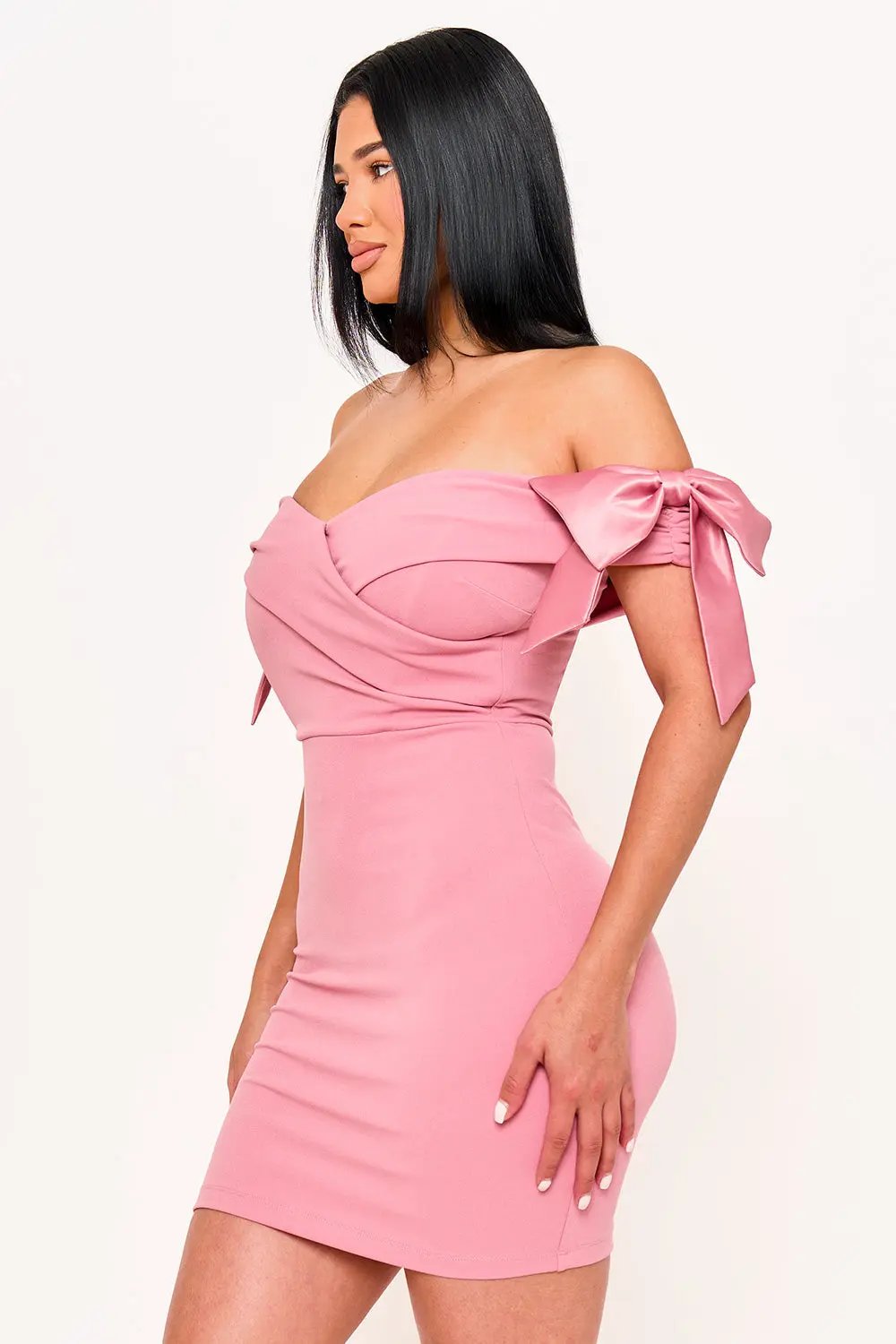Off Shoulder Mini Dress With Satin Bow Sleeve Detail - Pleated Formal Occasion Wear BOUTINIE