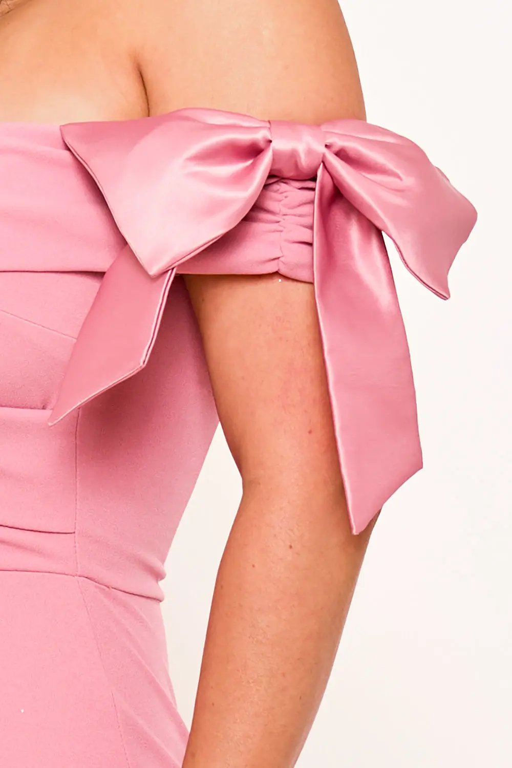 Off Shoulder Mini Dress With Satin Bow Sleeve Detail - Pleated Formal Occasion Wear BOUTINIE