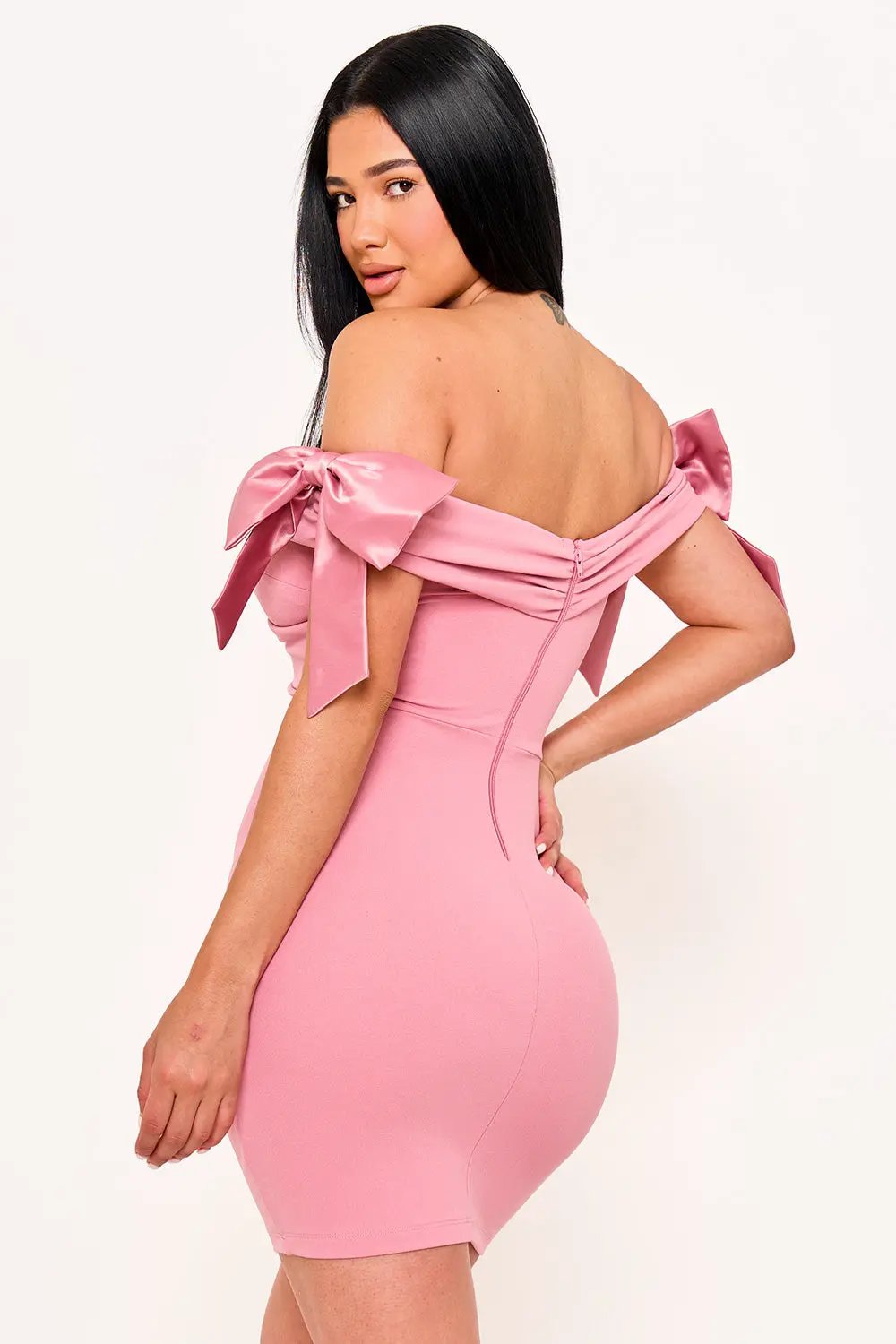 Off Shoulder Mini Dress With Satin Bow Sleeve Detail - Pleated Formal Occasion Wear BOUTINIE