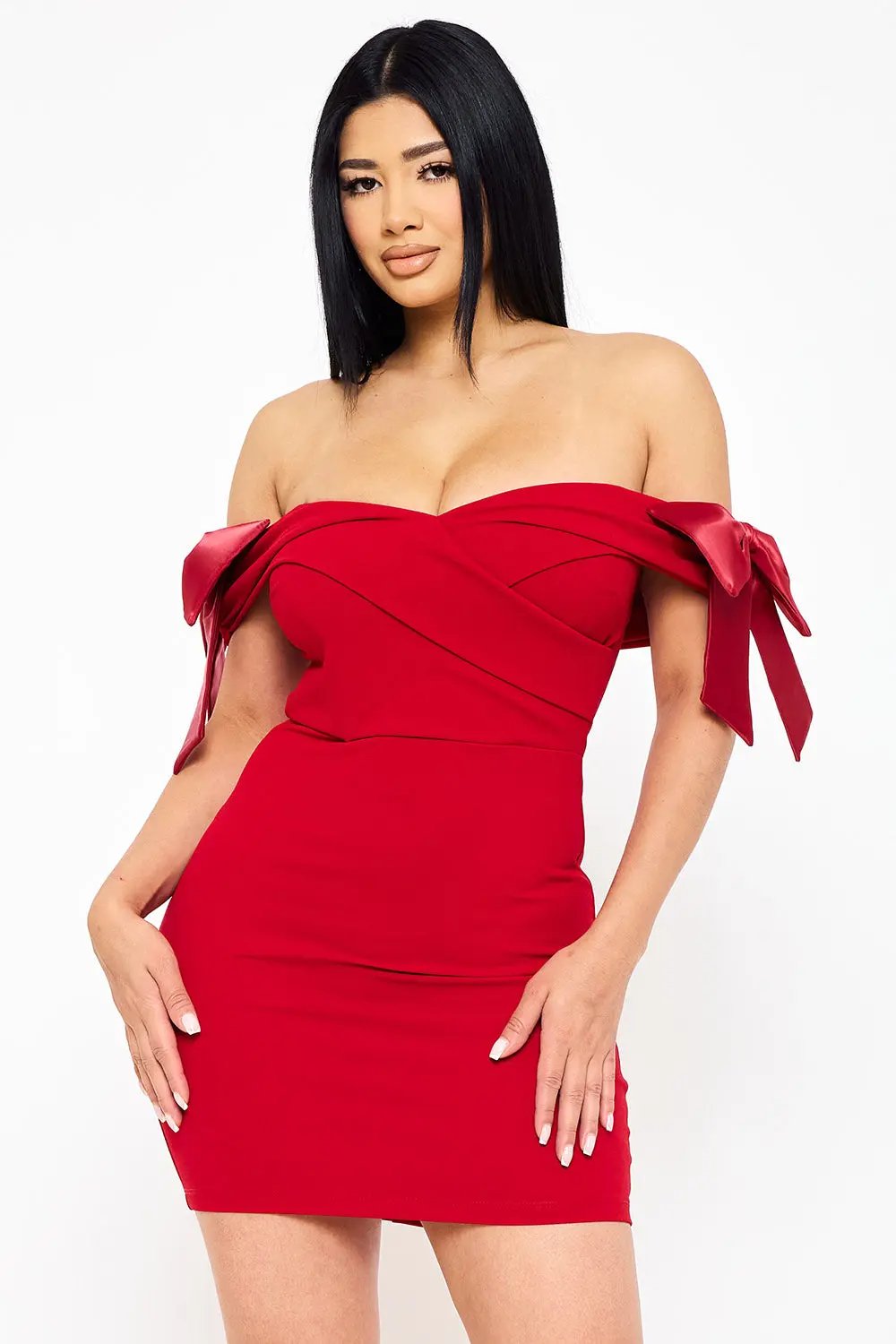 Off Shoulder Mini Dress With Satin Bow Sleeve Detail - Pleated Formal Occasion Wear BOUTINIE